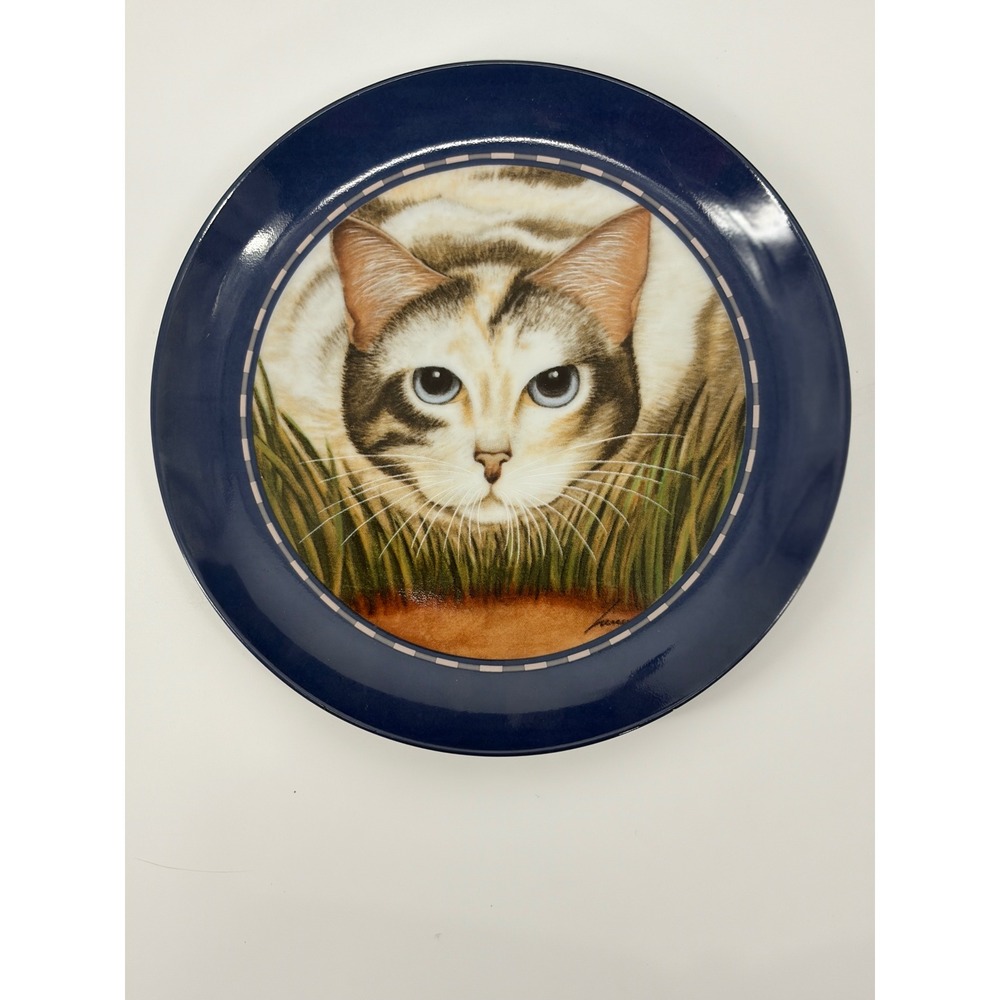 Vandor Herrero Collection Cat Plate 1991 Made in Japan Navy Blue Rim Ceramic